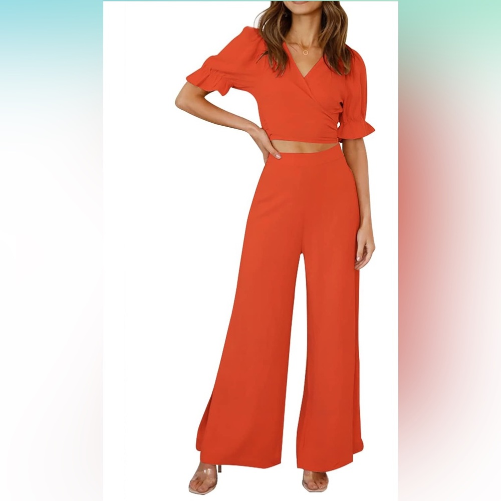 Orange two piece pants set with wrap top